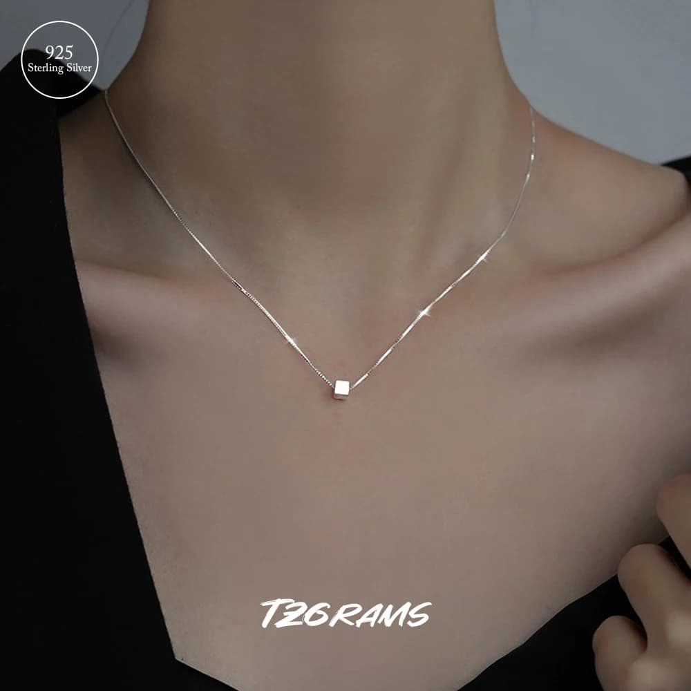 925 Real Silver Solid Cube Necklace For Women Minimalist Geometry Square Chic Clavicle Chain Korean Trend Birthday Party Jewelry