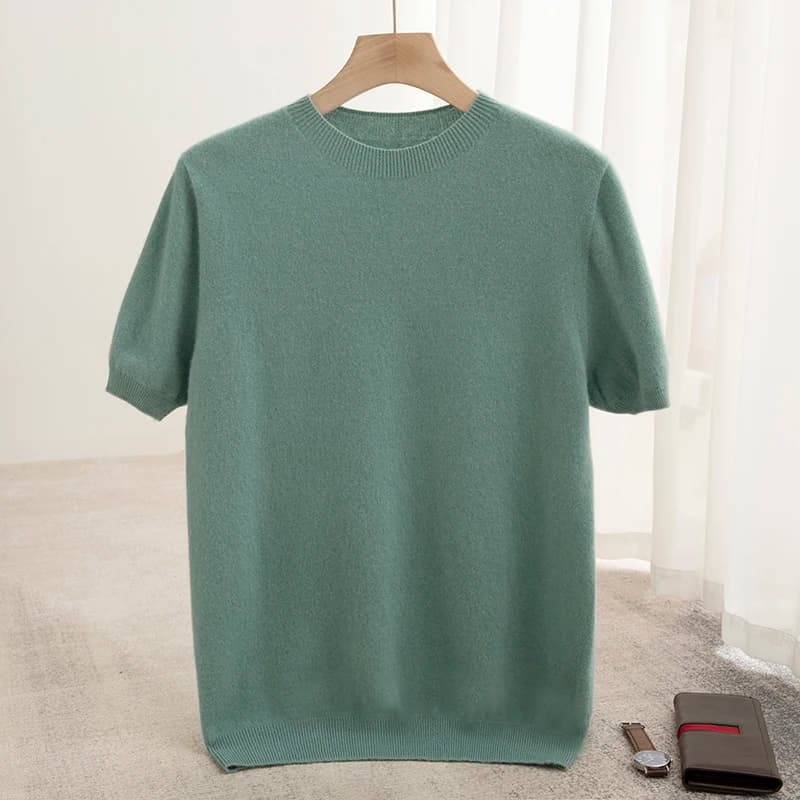 Spring Summer Men's Short Sleeved Pure Wool T-Shirt Sweater O-neck Solid Color Loose Pullover Knitted Sweater Casual Top