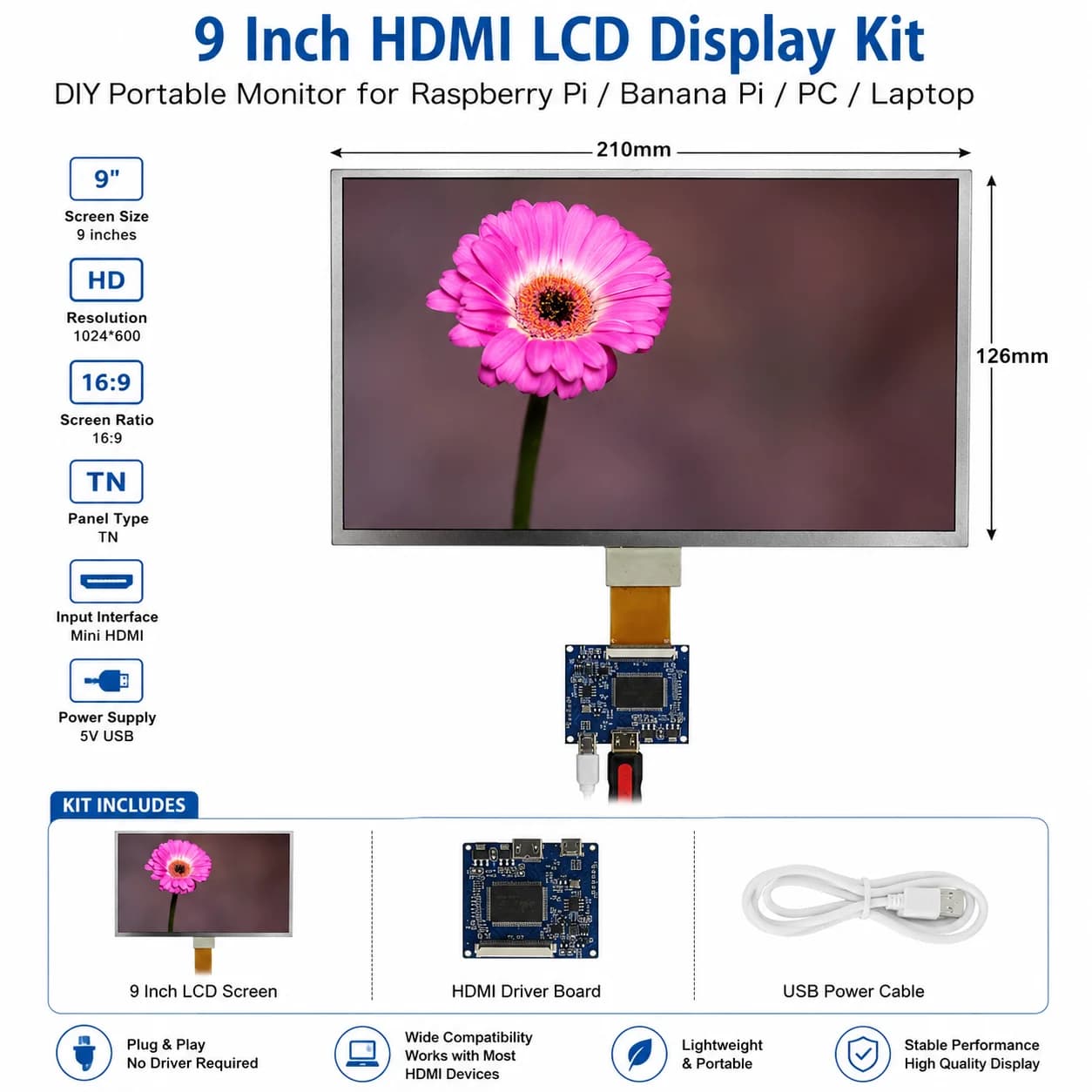 9-inch 1024×600 LCD display Screen Drive Control Board mini HDMI-compatible Raspberry Pi Orange Banana Pi PC secondary screen
