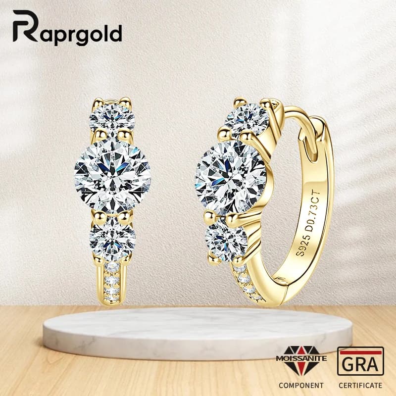 RAPRGOLD Full Round Moissanite Hoop Earrings for Women 925 Sterling Silver Huggie Earring Fine Jewelry Gift with GRA Certificate
