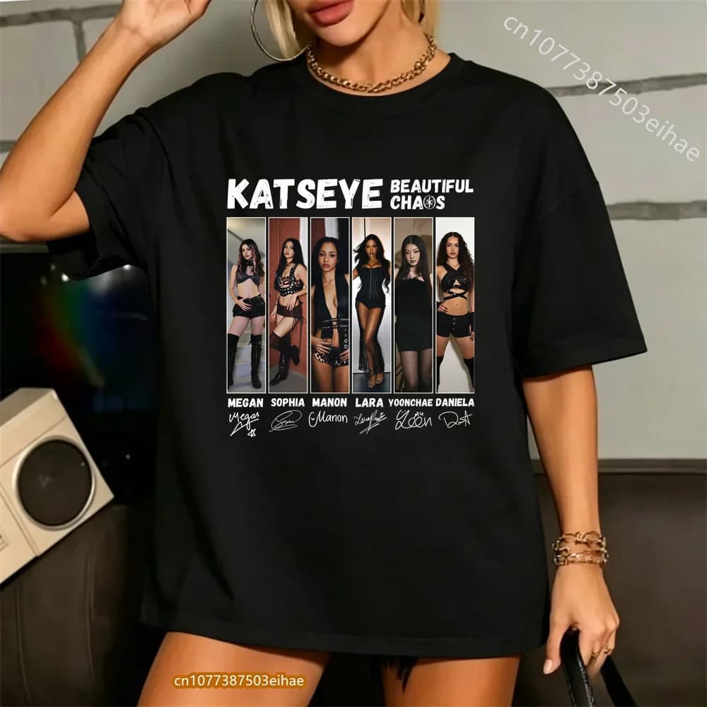 T-Shirt con Stampa Grafica Katseye, Moda Pop Musicale, Estetica Coreana Kpop, Oversize, in Cotone, Casual, per Uomo, Donna e Bambini
