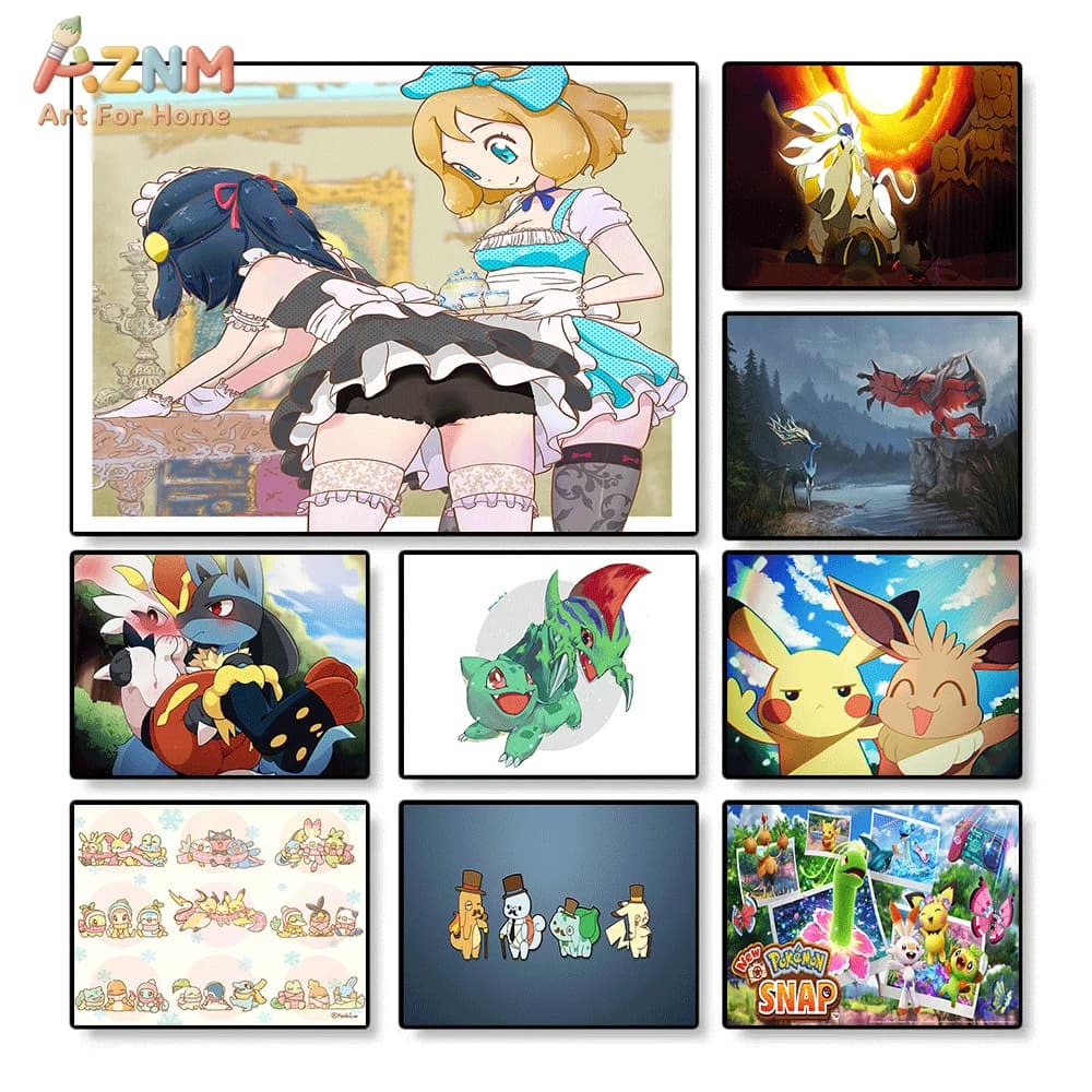 AZNM Pokemon Serena and May in Maid Outfit Tea Party Anime Art Print Frameless Canvas Painting Wall Decor for Bedroom Living R