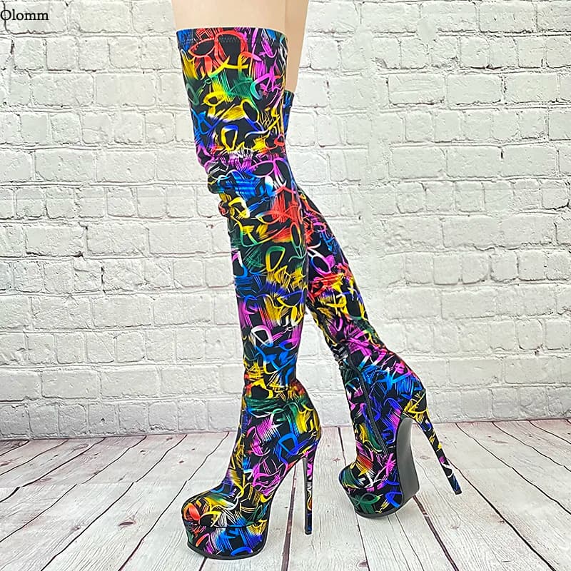 Olomm 2025 New Fashion Women Thigh High Boots Sexy Stiletto Heels Round Toe Multi Color Party Shoes Women Plus Size 35-45