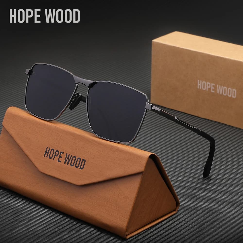 HOPEWOOD Occhiali da sole con protezione UV400 con montatura in lega rettangolare Occhiali da viaggio polarizzati classici da uomo per donna