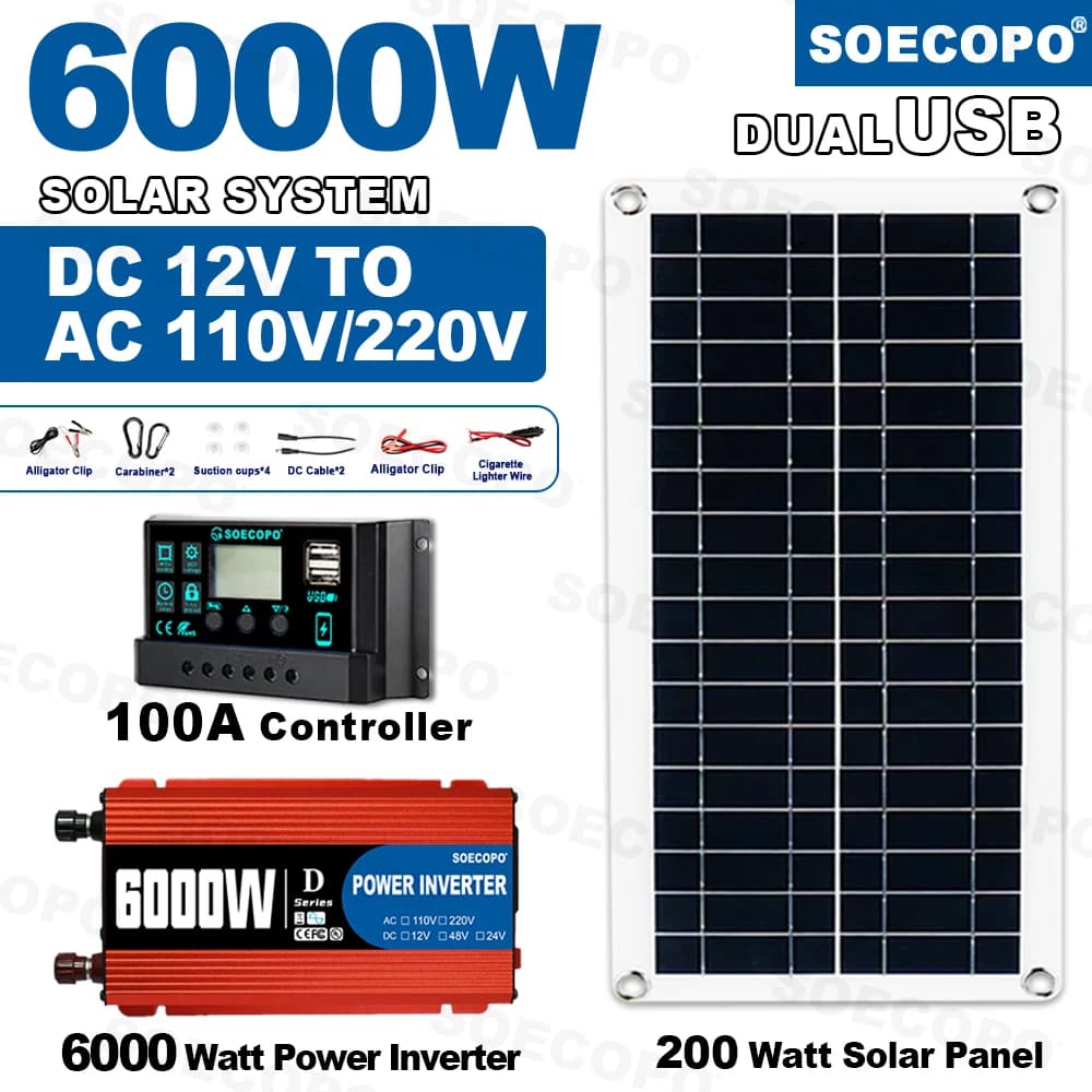 Kit completo per sistema solare da 6000 W Controller da 12 V a 110 V/220 V 100 A Sistema inverter off-grid da pannello da 300 W per backup domestico/campeggio