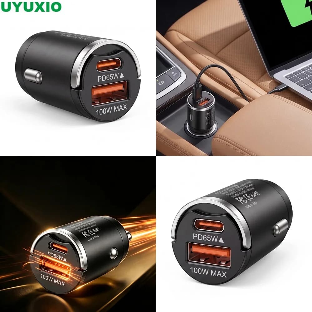 165W Travel Car Charger with 65W USB C and 100W USB A Outputs for Cars Trucks SUVs and Vans Low Profile Zinc Alloy Design
