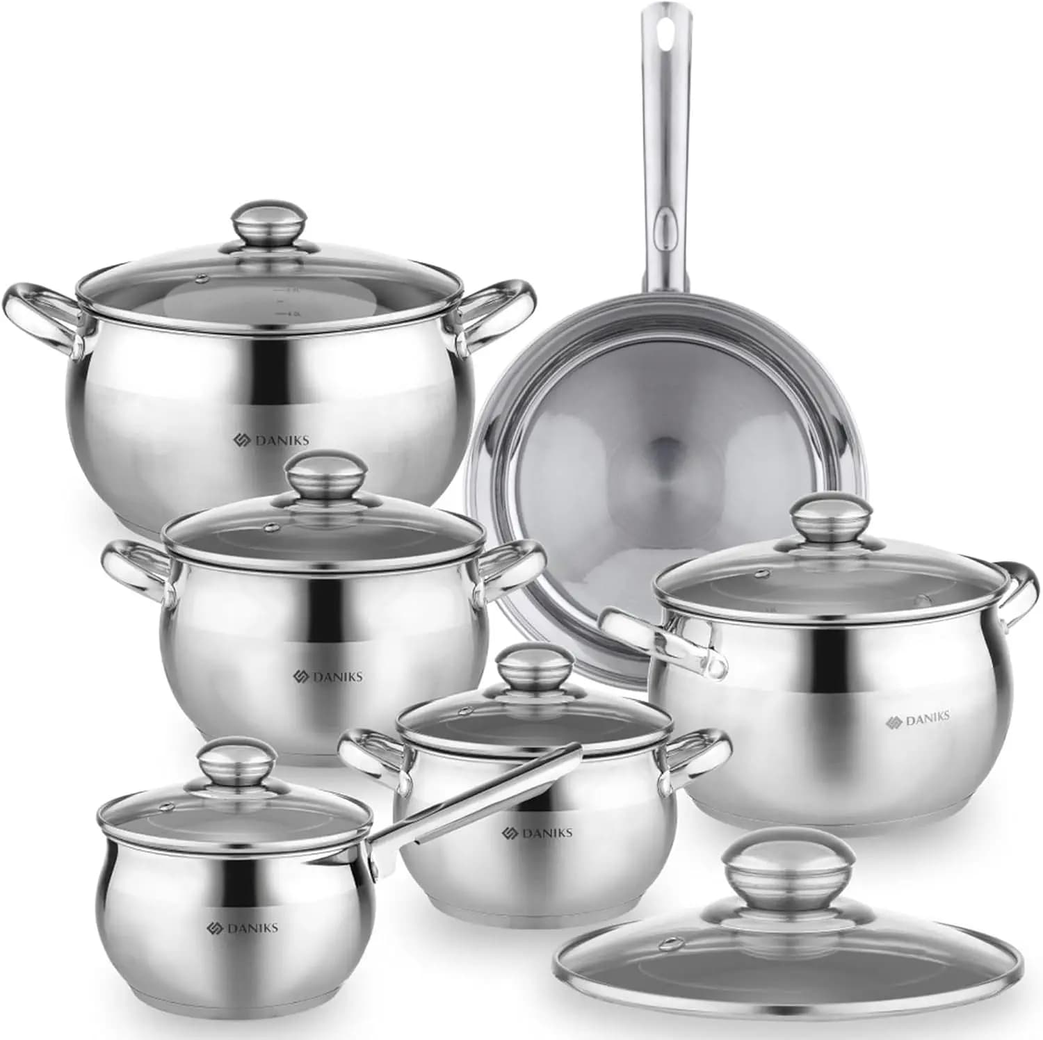 Classic 12 Piece Stainless Steel Pot Set with Glass Covers, Includes Tri-Ply Basi