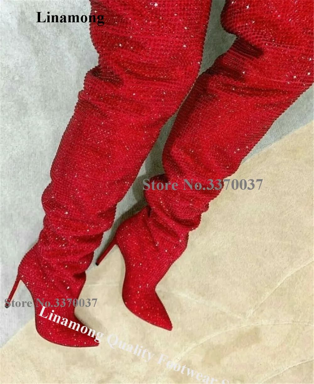 Linamong Rosso Argento Nero Strass Tacco sottile Stivali sopra il ginocchio Bling Bling Punta a punta Cristalli Tacco a spillo Stivali lunghi
