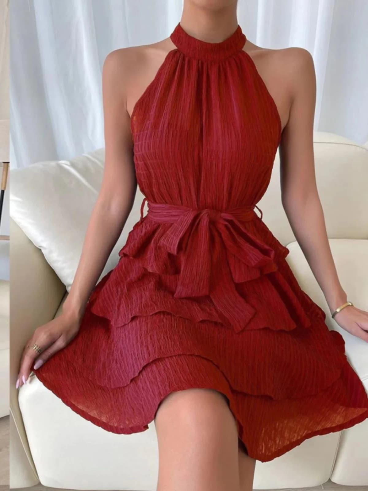 Abito Estivo da Donna Elegante e Dolce, Colorato, Aderente, Senza Maniche, con Spalle Scoperte, Gonna a Strati, Vita Alta e Cerniera
