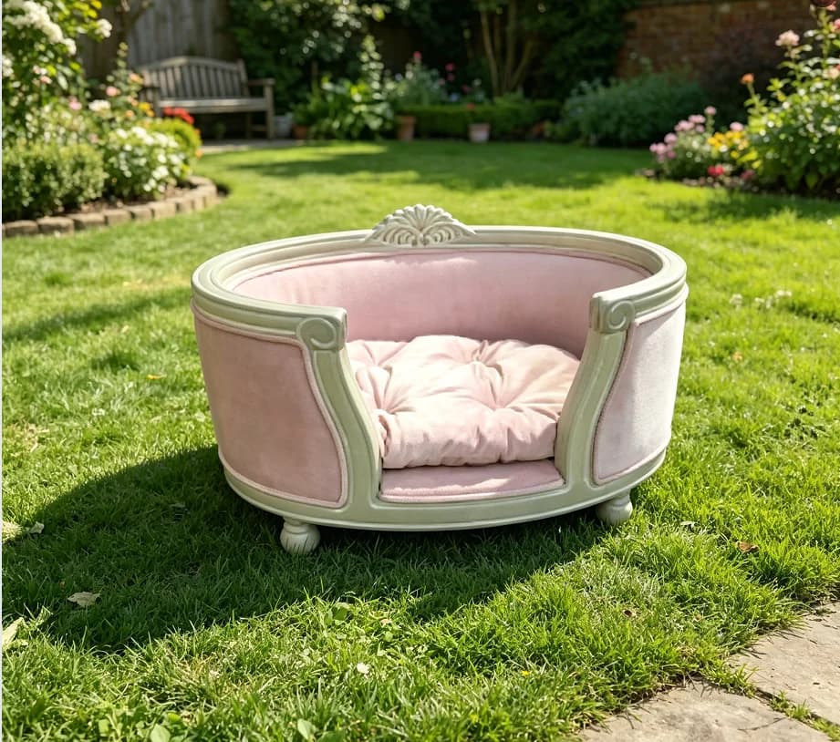 French Vintage Style Pet Sofa Bed, Elegant Carved Wooden Dog Bed with Pink Velvet Cushion for Small Dogs & Cats