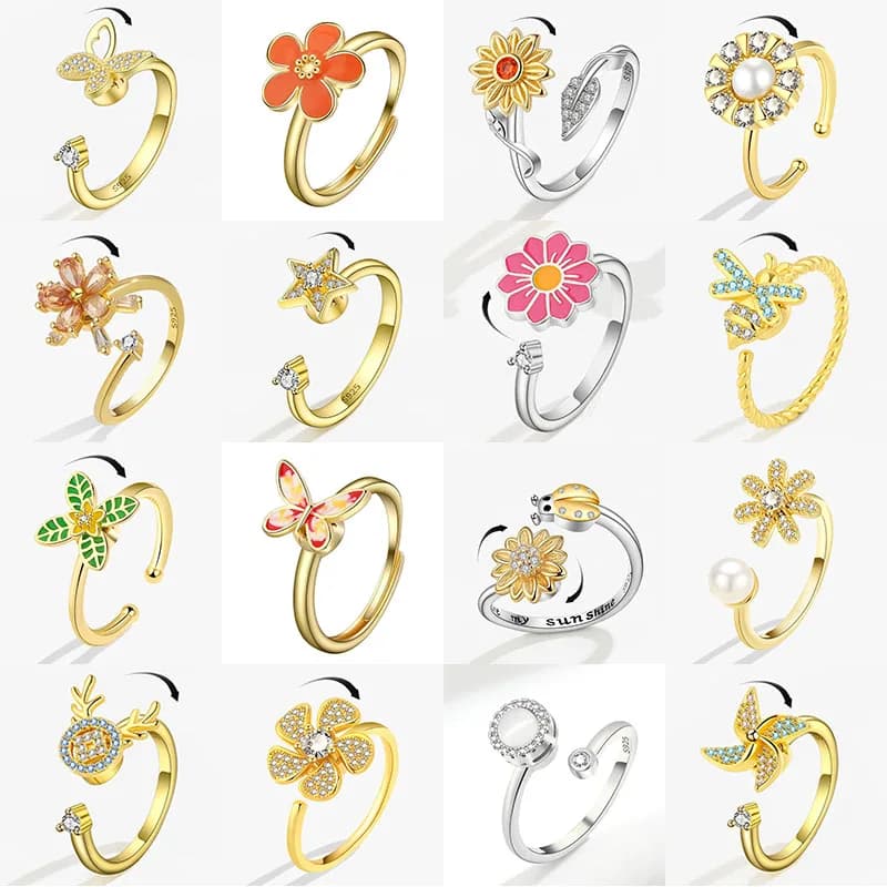 SMJEL Anello Fidget Spinner Antistress da Donna con Ciondoli a Fiore, Ape e Farfalla in Cristallo, Anelli Girevoli Regolabili, Gioielli da Sposa per Ragazze