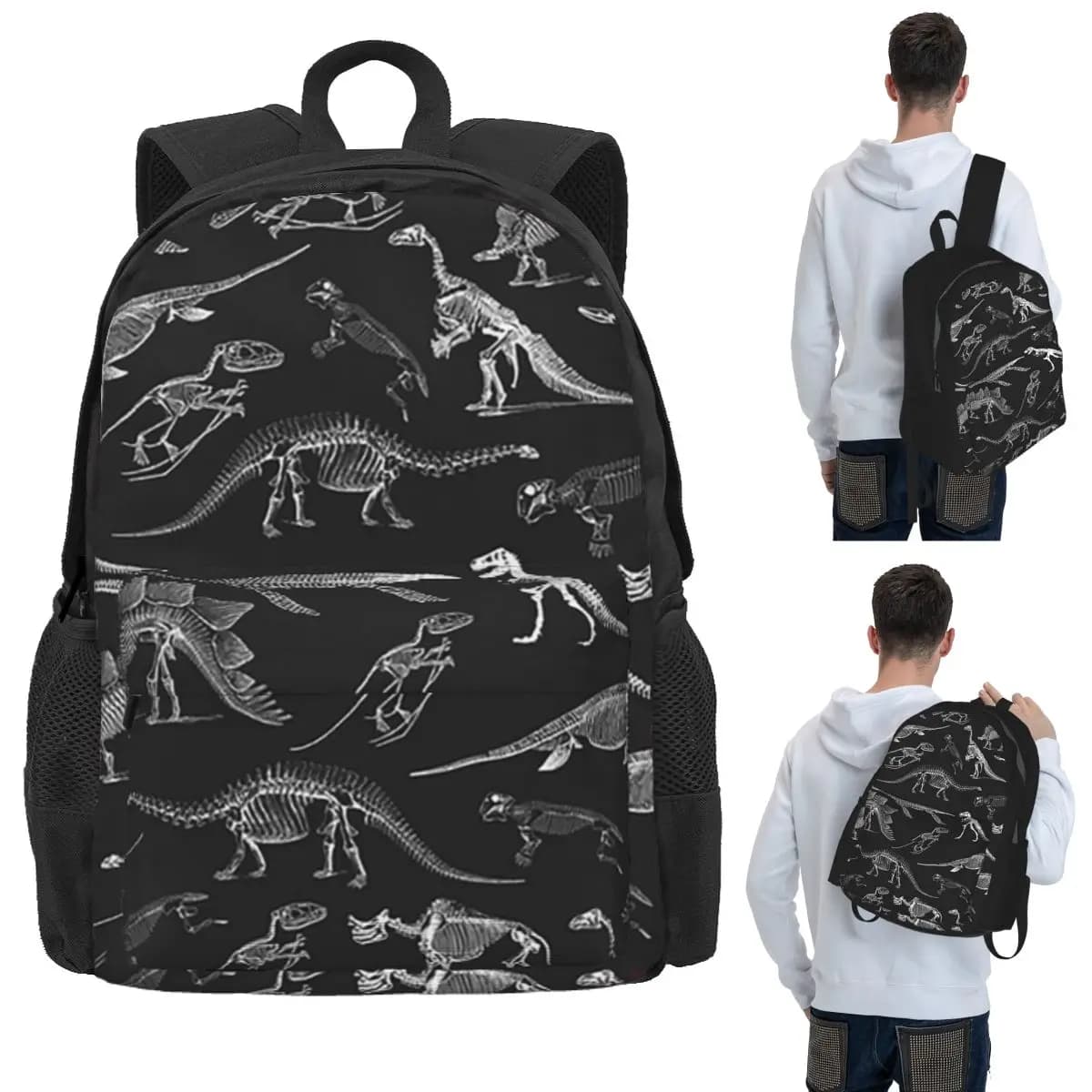 Classic Black And White Dinosaur Skeleton Fossils Student Backpack School Bag Hiking Travel Daypack Bookbag Shoulder Bags