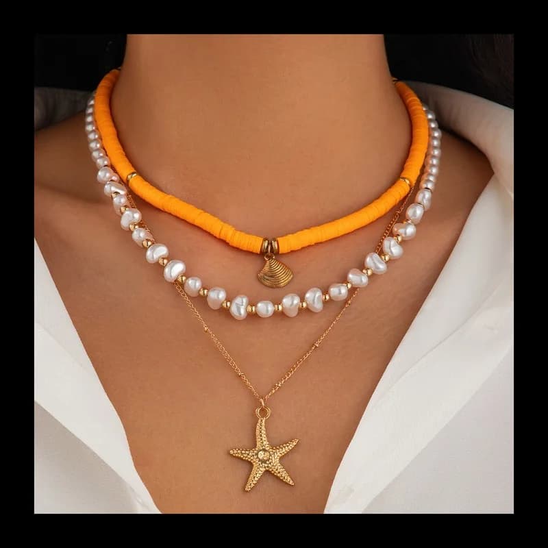Collana con perline di conchiglie di mare e vento da spiaggia, stella marina con perle imitazione barocca