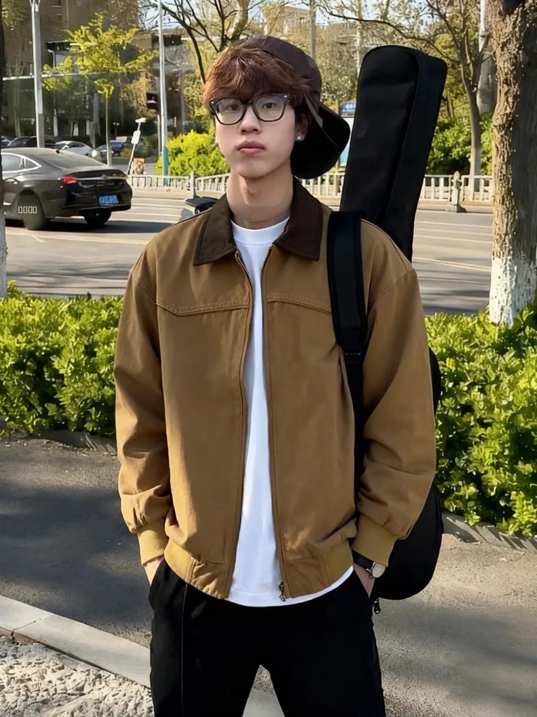 Khaki American Detroit Jacket Men's Vintage Denim Baseball Uniform Loose Fit Long Sleeve Short Model Zipper Closure No Hat