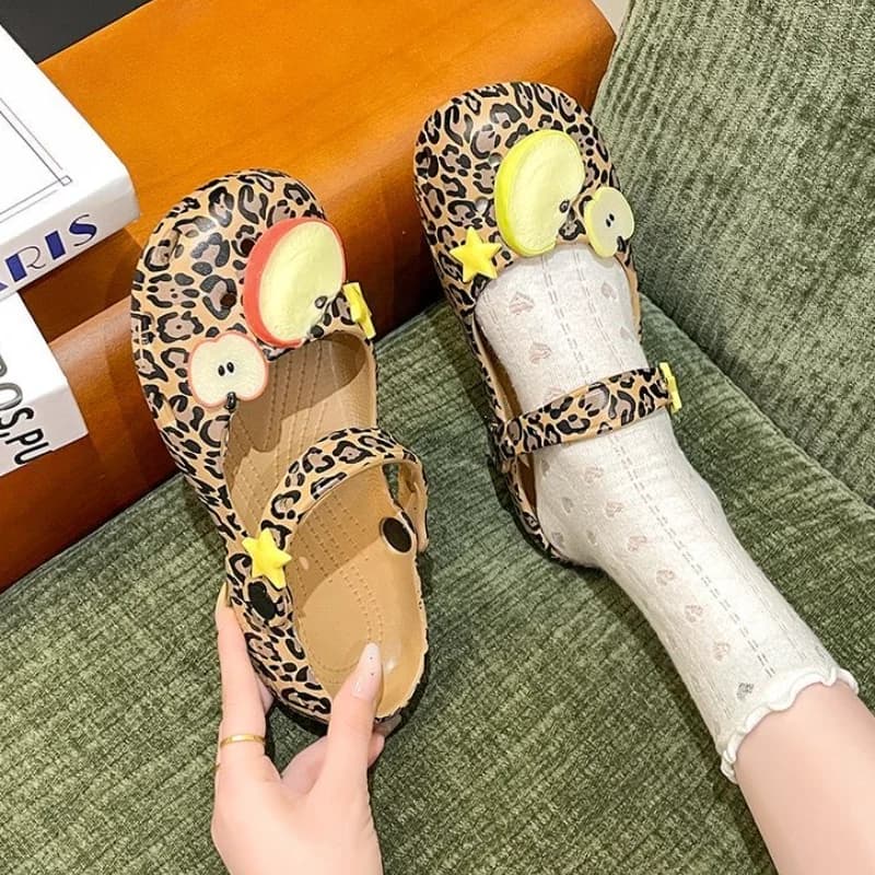 Retro Leopard Print Ballet Hole Shoes Women's New Summer Cute Fruit Star Soft Clogs Woman Non-slip Waterproof Beach EVA Slippers