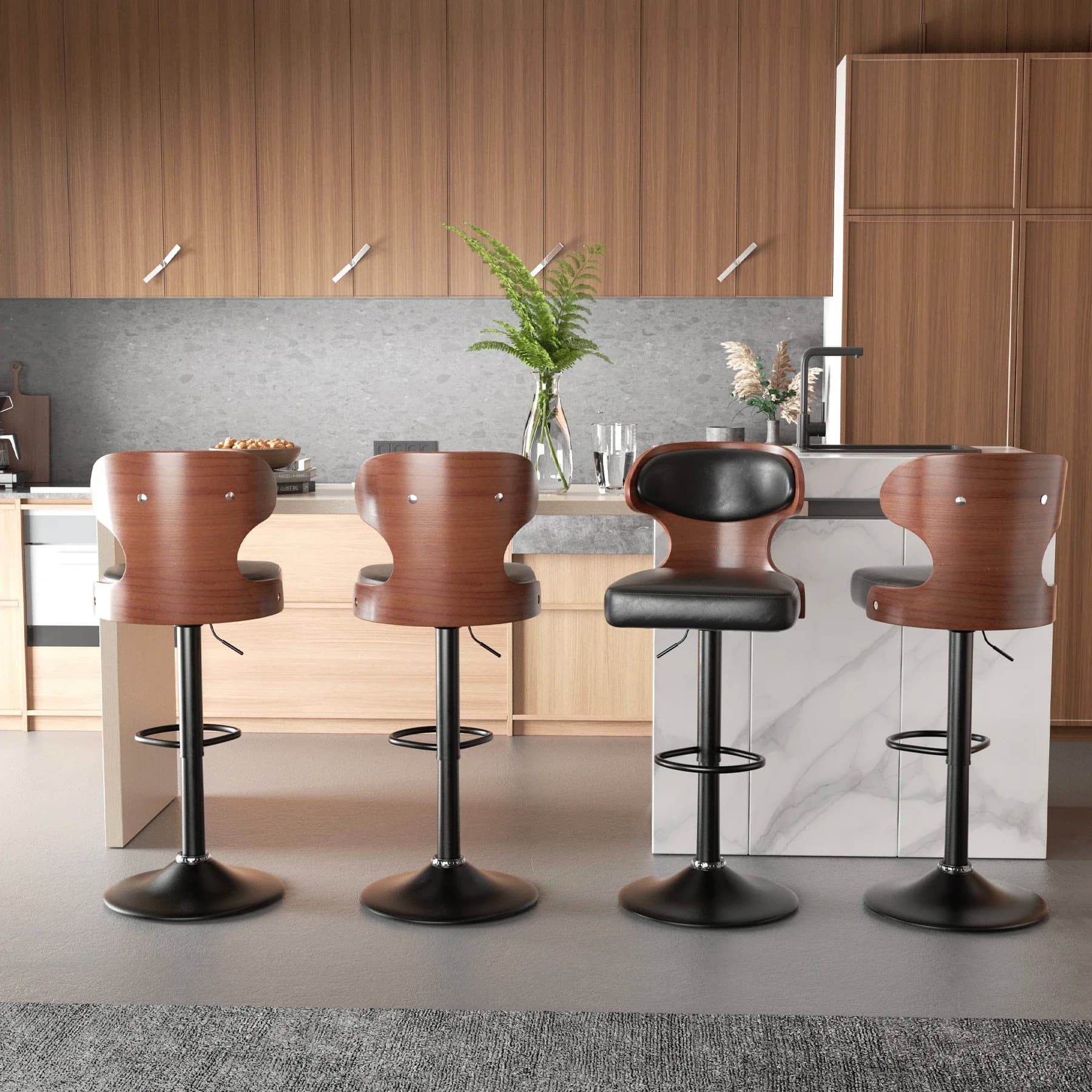 Vendite calde Sgabello da bar 2 pezzi Set schienale poggiapiedi sedia da pranzo sgabelli da bar rotanti in legno massello cuscino morbido in pelle Pu sedia da pranzo