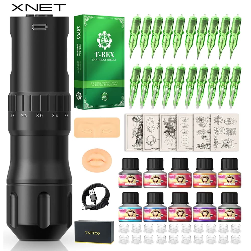 XNET Gear370 Macchina per tatuaggi wireless Kit completo 7 colpi Motore coreless Batteria 1600mAh Set di penne per tatuaggi per principianti per body art
