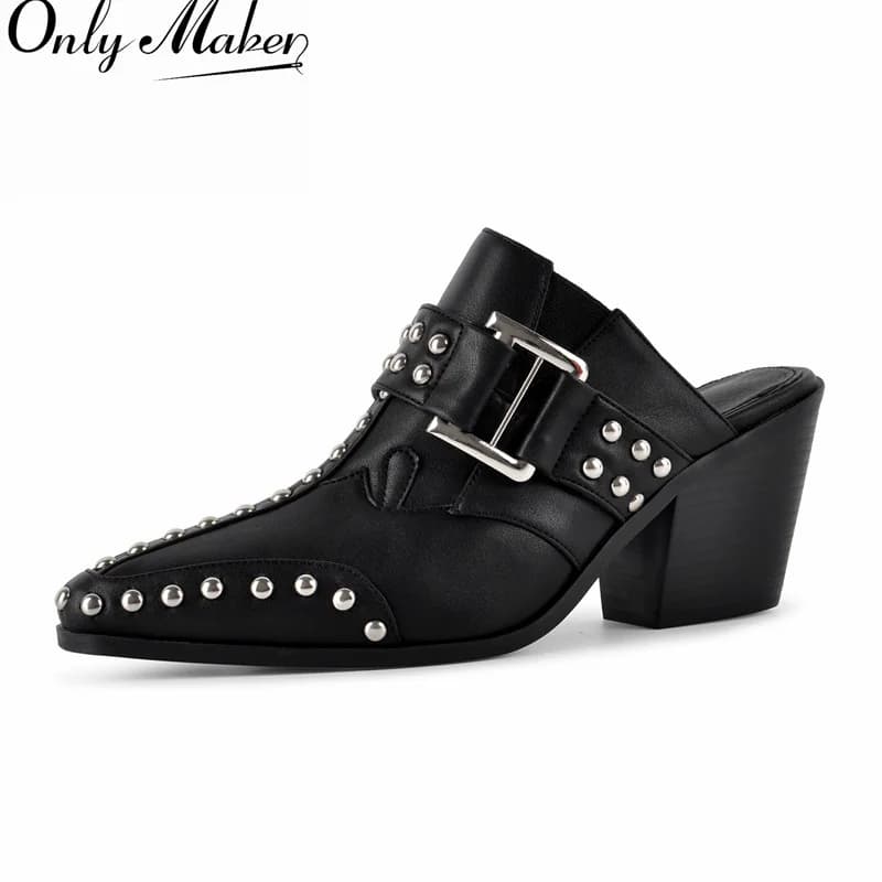Onlymaker Pointed Toe Western Mules Slippers Rivet Metal Buckle Slip‑on Backless Block Heel 7.5CM Punk Cowboy Fashion Shoes