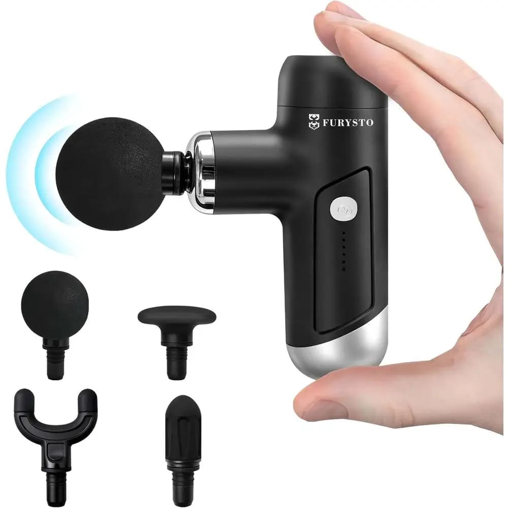 FURYSTO Mini massage gun with bag, small pocket massage gun for deep fabrics, 4 silicone massage heads, brushless motor,