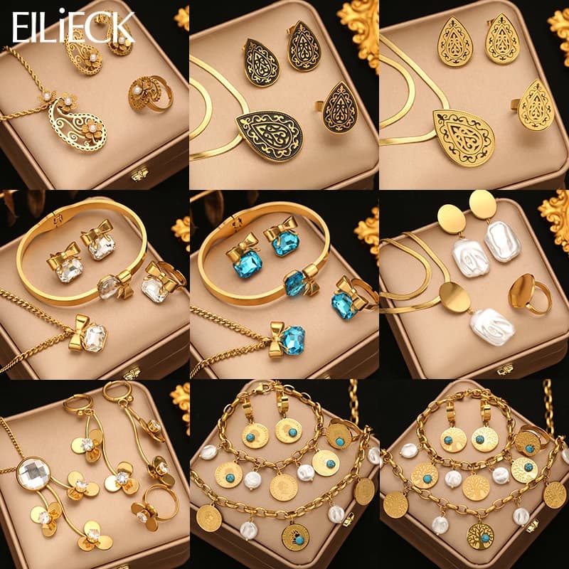 EILIECK 316L Stainless Steel Necklace Bracelet Earrings Ring Set Trendy Waterproof Jewelry Set Golden Metal Texture For Women