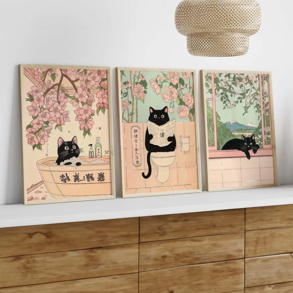 Set da parete per bagno con gatto nero, stampe divertenti che fanno la cacca di gatto in stile giapponese, gatto sulla toilette, arredamento per il bagno, idea regalo per l'arte del gatto