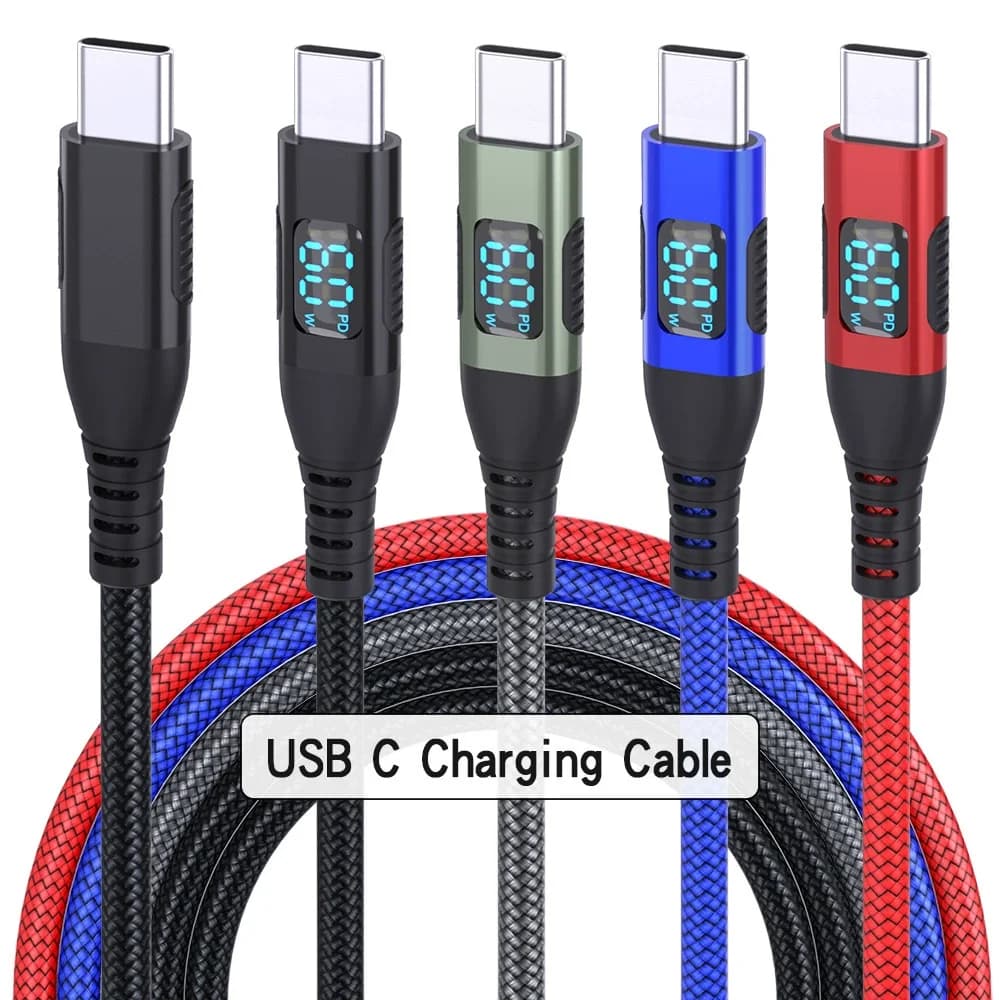 100W 5A USB C to USB C Fast Charging Cable with LED Display,Nylon Braided Data Cable for iPhone 17/16Pro/Plus/Pro Max,MacBook