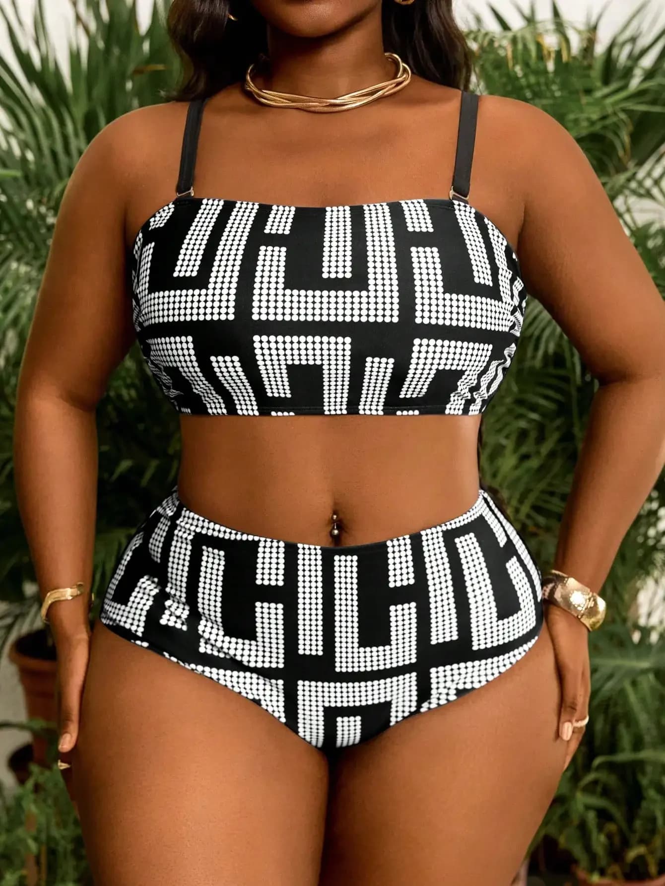 Costume da bagno due pezzi a vita alta con top a fascia e stampa geometrica per donne taglie forti
