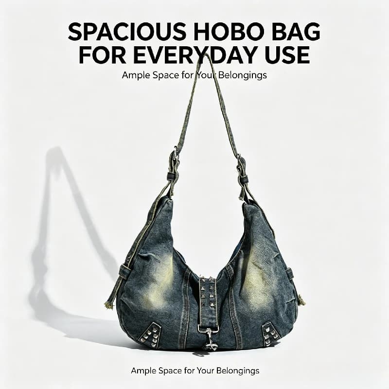 Vintage Washed Denim Hobo Bag, Studded Rivet Design, Large Capacity Crossbody Shoulder Bag for Y2K Streetwear & Daily Use