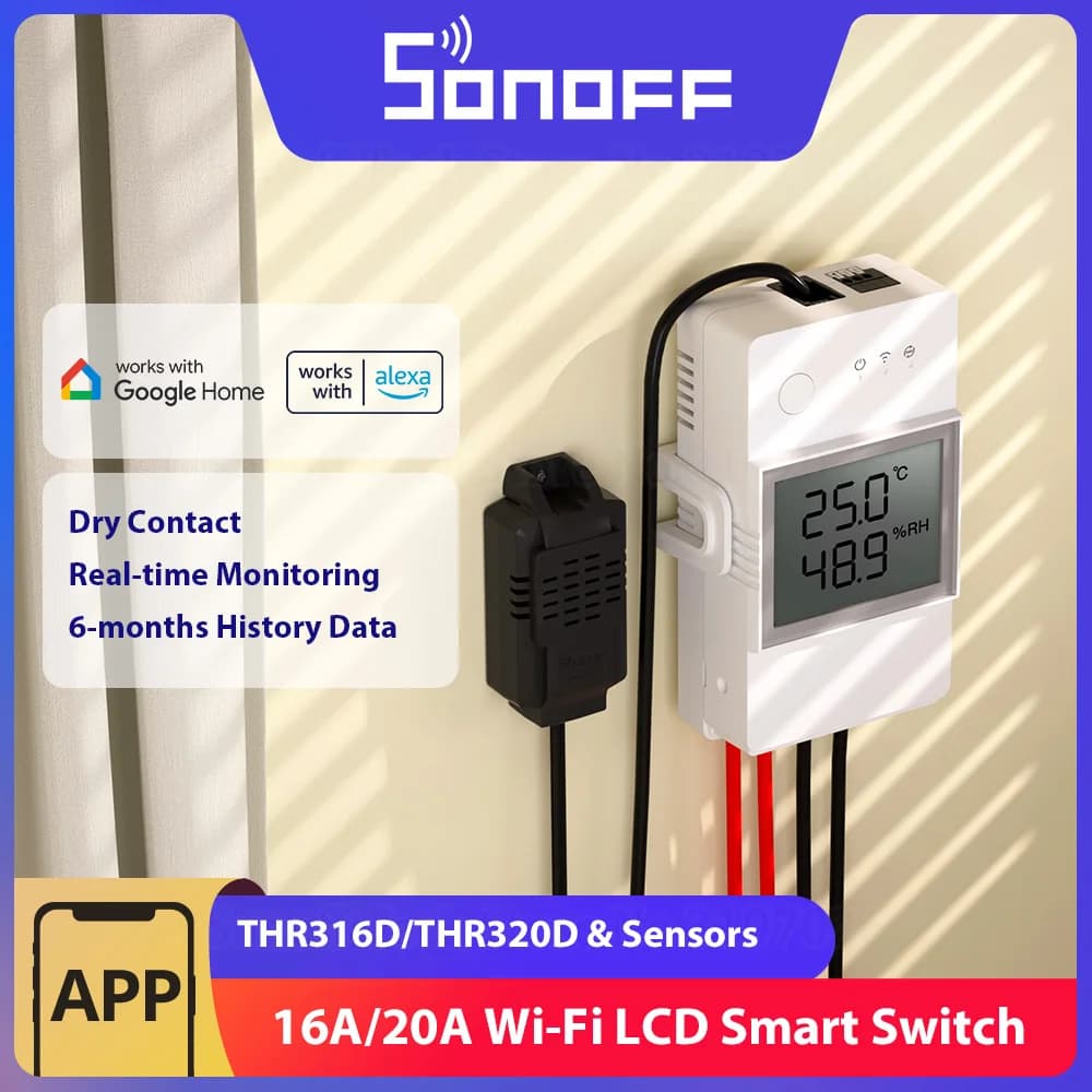 SONOFF THR316D/THR320D Interruttore intelligente di umidità della temperatura 16A/20A Uscita contatto a secco Monitoraggio dello schermo LCD tramite eWeLink Alexa