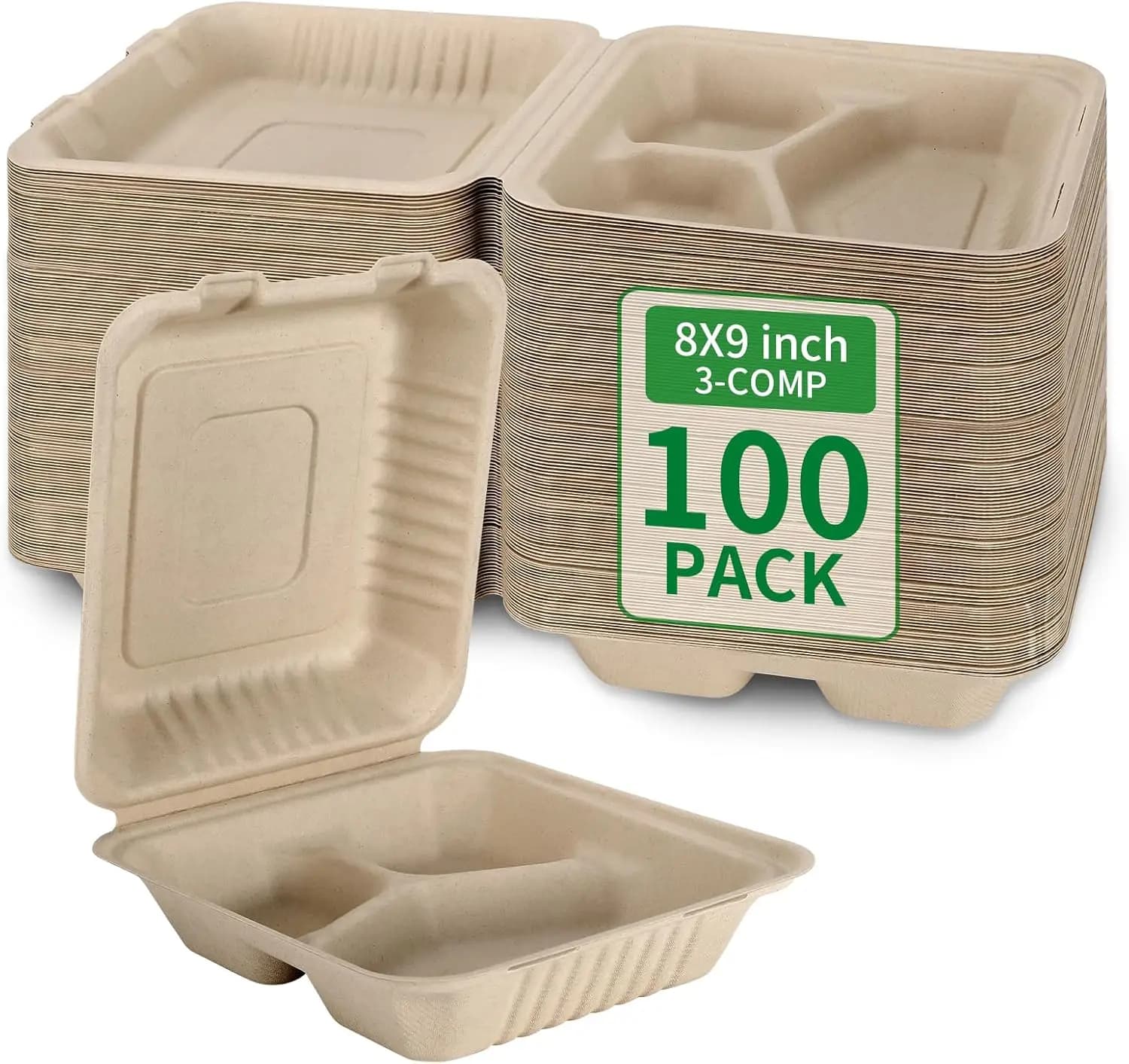 Confezione da 100 Contenitori per Pranzo Compostabili a 3 Scomparti – Scatole da Asporto in Bagassa Marrone 8x9 Pollici con Coperchio