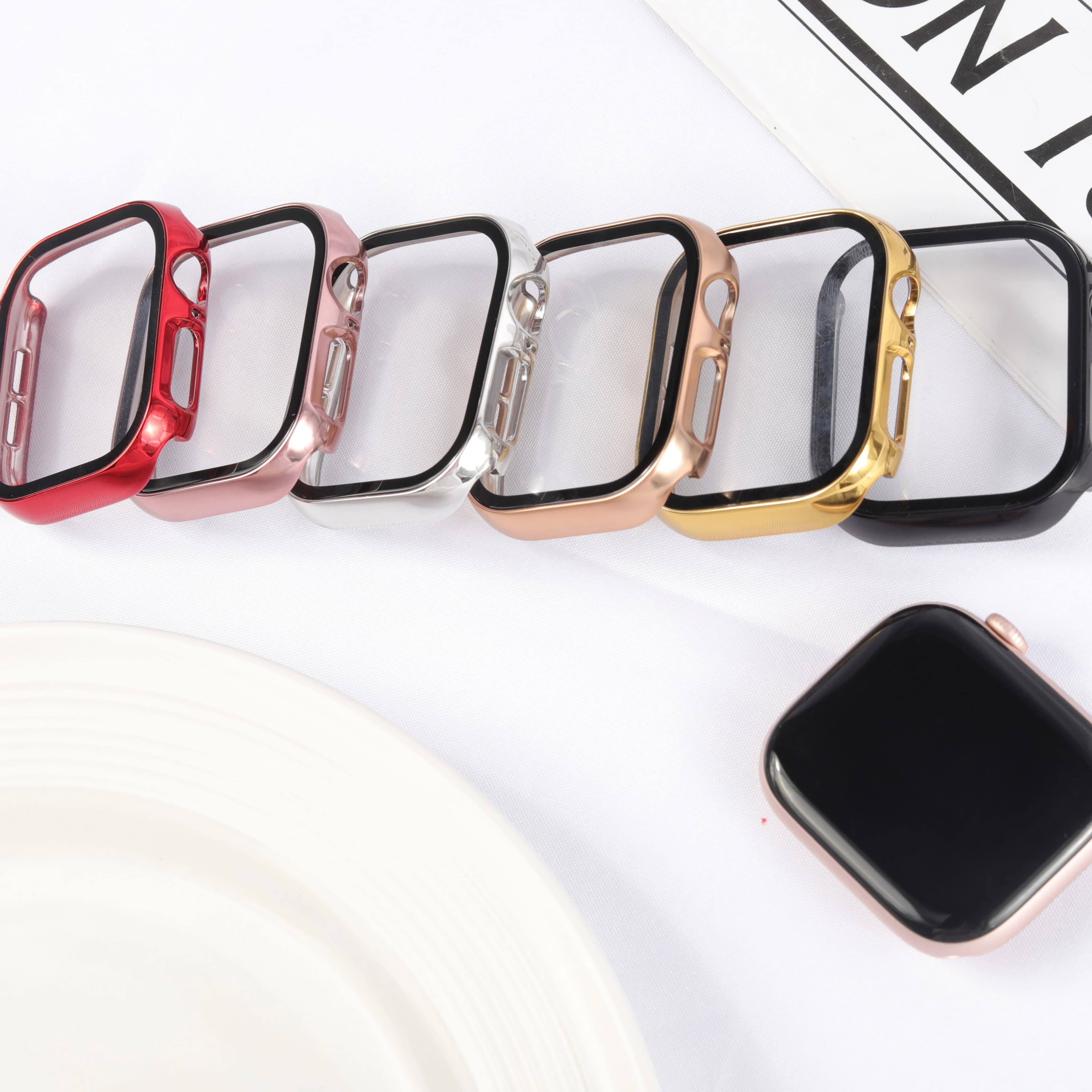 Per Apple Watch Case Serie 11 10 42mm 46mm Protezione schermo Accessori Placcatura Paraurti rigido per PC + Vetro temperato iWatch 11 Cover