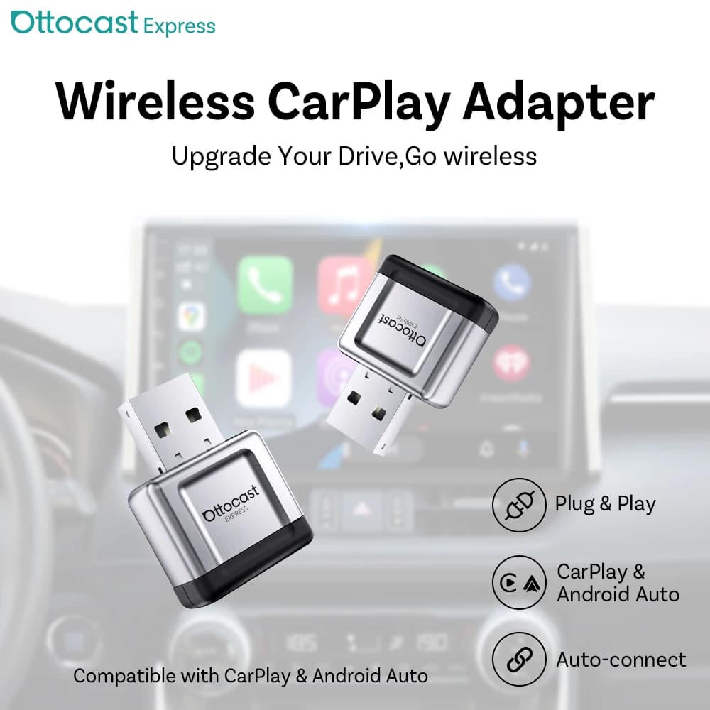 Wireless Ottocast Mini Gem Adapter for CarPlay and Android Cars, from Width to Wireless 2IN1, Dongle Smart CarPlay Plug & Play Without Tricks and Fast