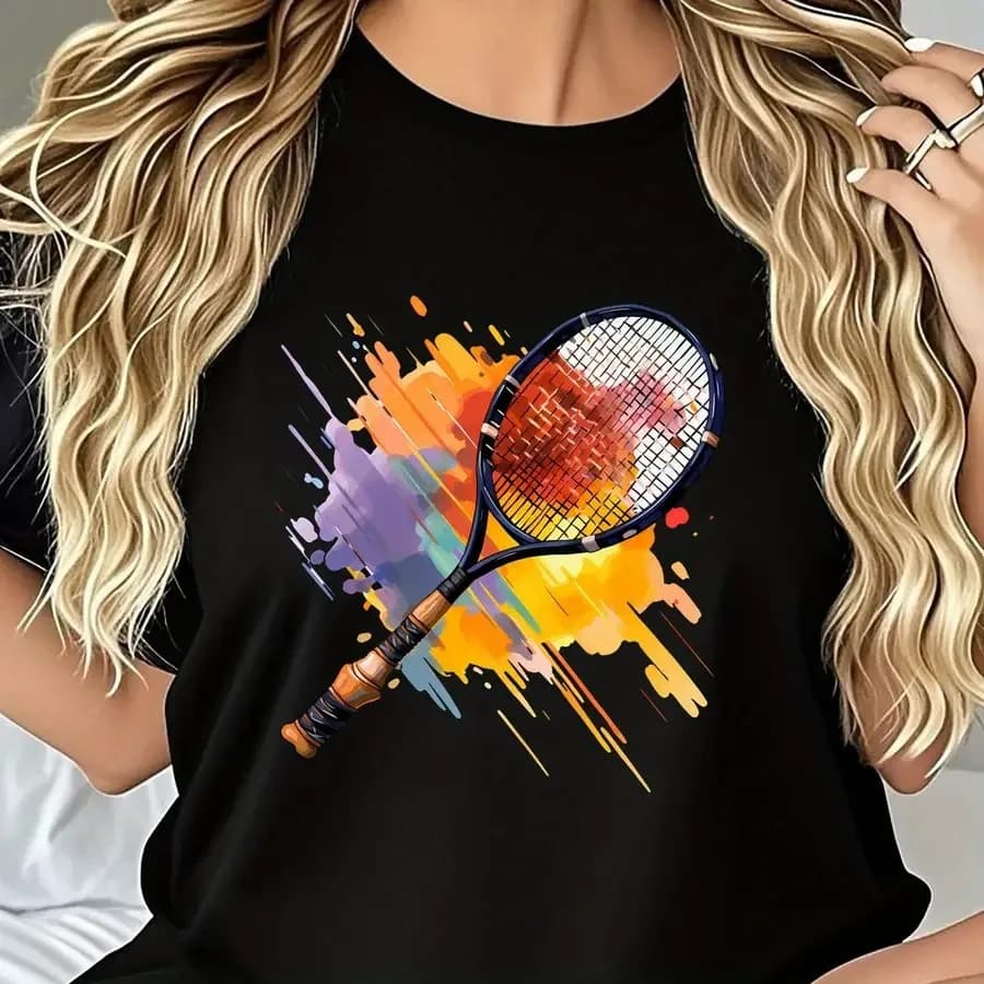 T-shirt sportiva da donna con stampa racchetta da tennis - Top traspirante con scollo rotondo e design sportivo a forma di racchetta, leggero per tutti gli stili casual