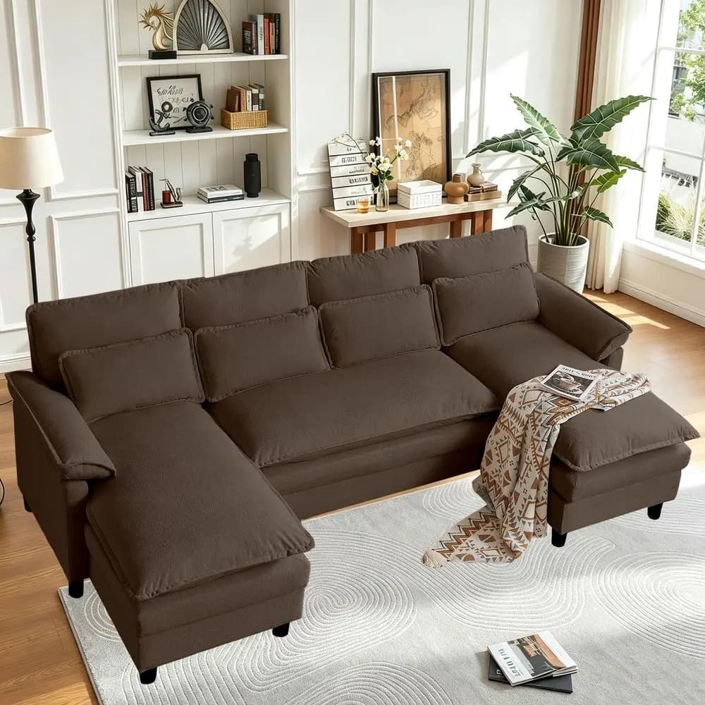 Divano Sezionale Cloud con Cuscini Lombari, Moderno Divano a U Cloud con Doppia Chaise Longue e Seduta Profonda, Divano Sezionale a 4 Posti