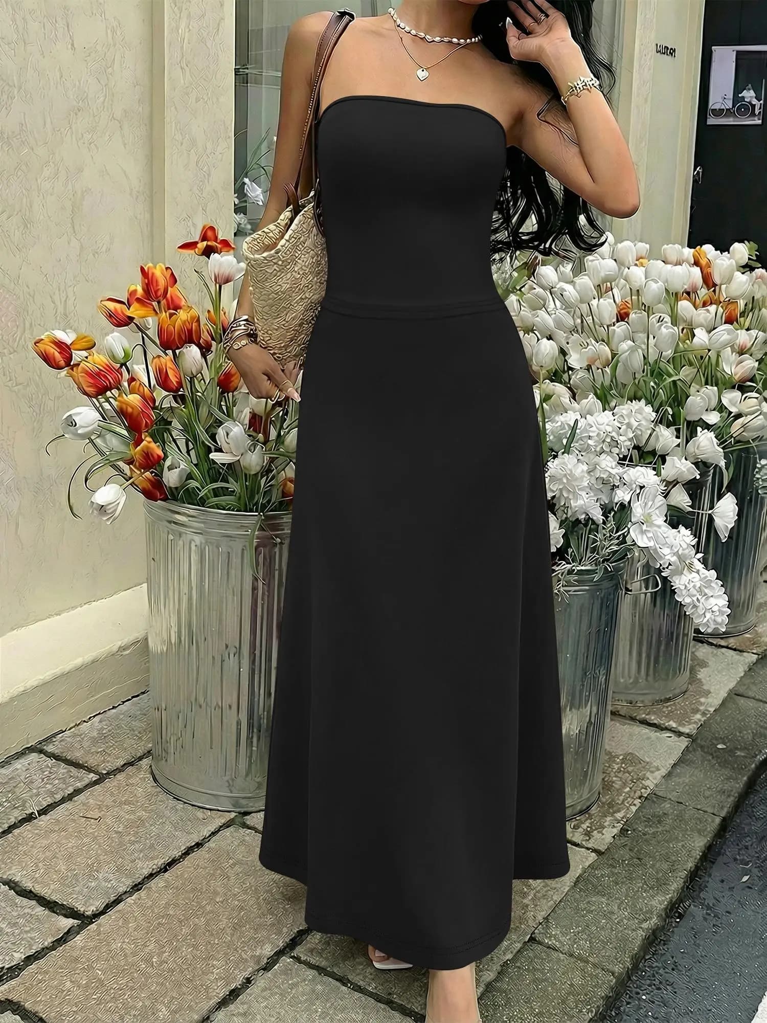 Elegant Mature Tube Top + High Waist Mermaid Maxi Skirt Set Women Commute Office Outfit