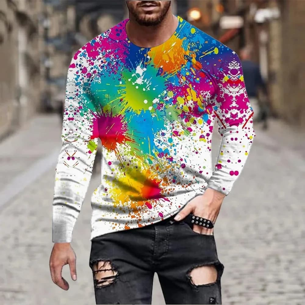 Men Rainbow Paint Splash 3D Printed Long‑Sleeve T‑Shirt Colorful Ink Graffiti Tee Novelty Abstract Art Casual Long Sleeve Shirts