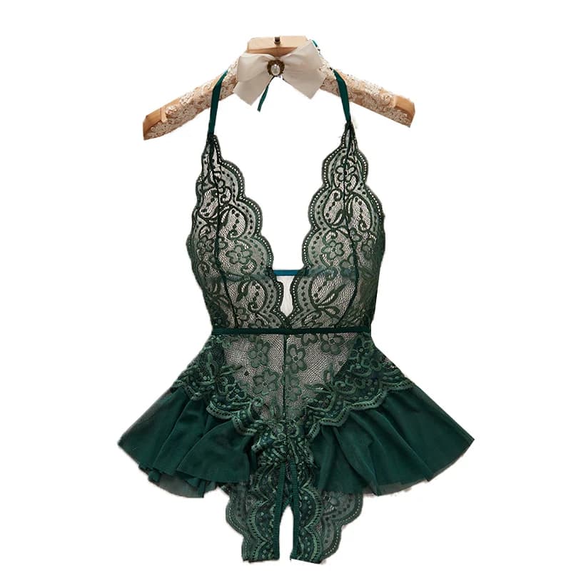 Body in Pizzo Trasparente, Lingerie Sexy da Donna, Intimo con Apertura all'Inguine, Pigiama Erotico con Scollo Profondo a V