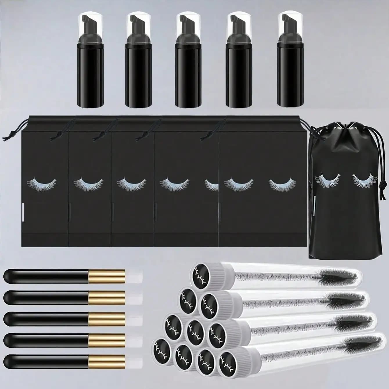 Set di 20 spazzole per la pulizia delle ciglia, 5 dispenser con pompa in schiuma, 5 spazzole per la pulizia profonda dei pori del naso, 5 spazzole per extension ciglia, 5 sacchetti per la cura post-trattamento delle ciglia per donne e ragazze