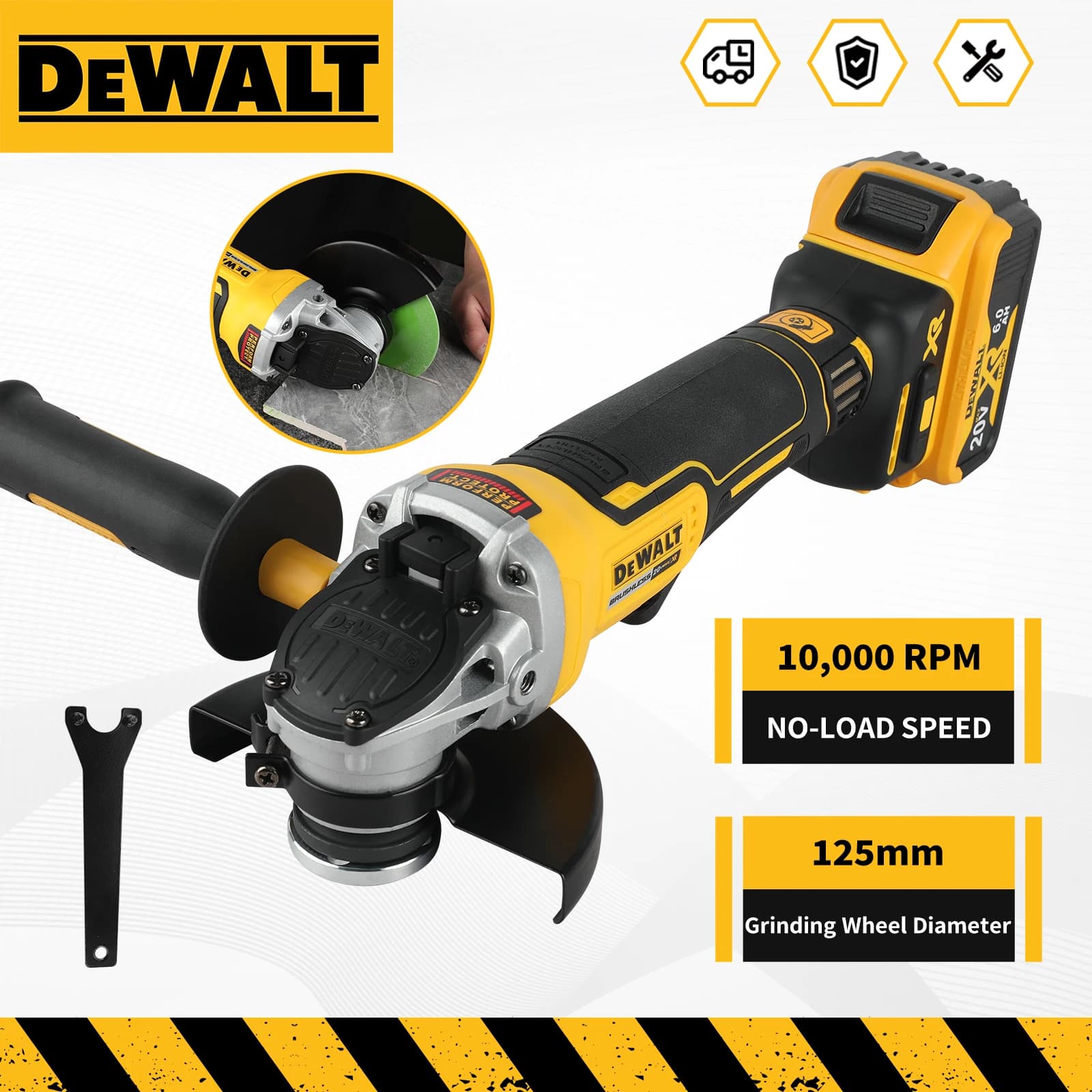 DEWALT DCG406 Smerigliatrice Angolare 125MM 4-1/2" 18V Brushless Maglev 9000RPM 414N con Freno a Strappo per Taglio e Smerigliatura Metallo e Pietra