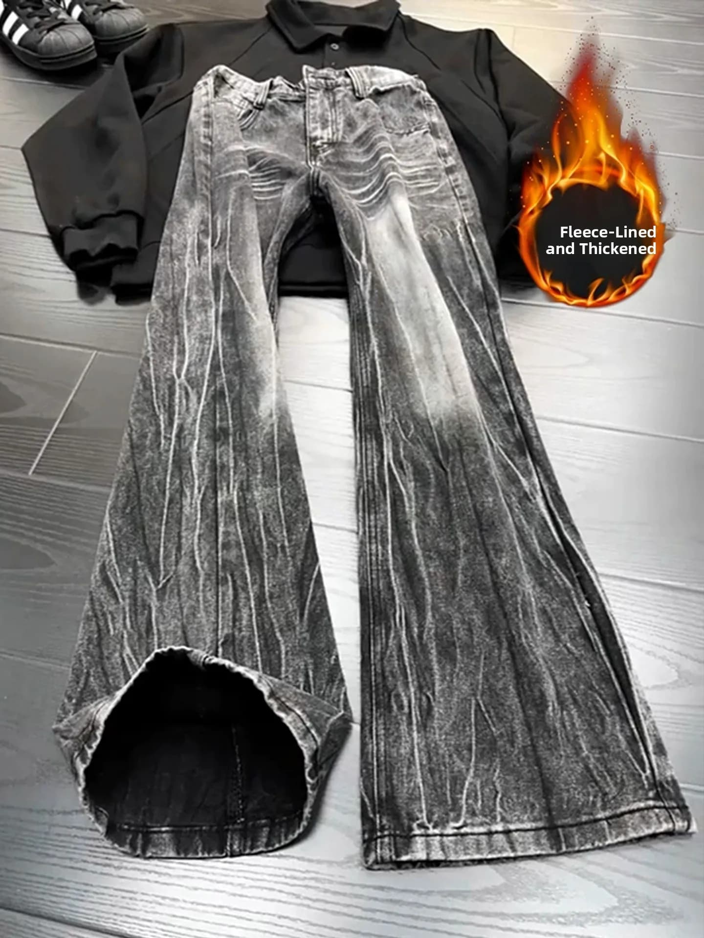 Jeans da Uomo a Vita Alta, Gamba Dritta, Foderati in Pile, con Motivo a Fulmine, Nero Grigio, Stile High Street Autunno Inverno