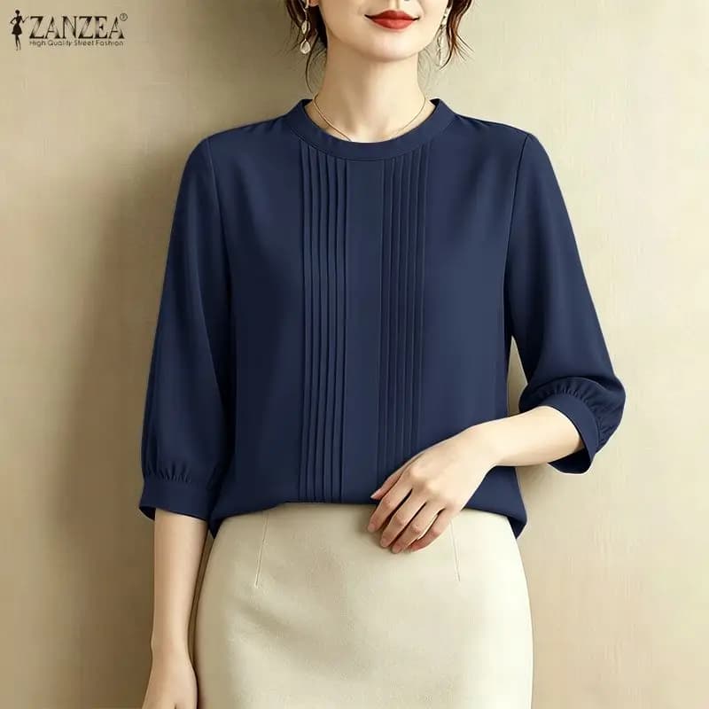 Fashion Summer O Neck Short Sleeve Blouse 2026 ZANZEA Women Elegant Solid OL Work Shirt Casual Holiday Tops Tunic Pleated Blusas