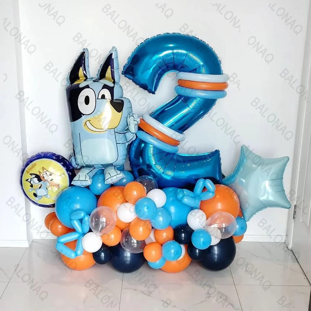 44 pezzi di decorazioni per feste di compleanno Bluey, set di palloncini in alluminio con palloncini a forma di cane blu Bobo, accessori per foto, regalo di compleanno per bambini, baby shower
