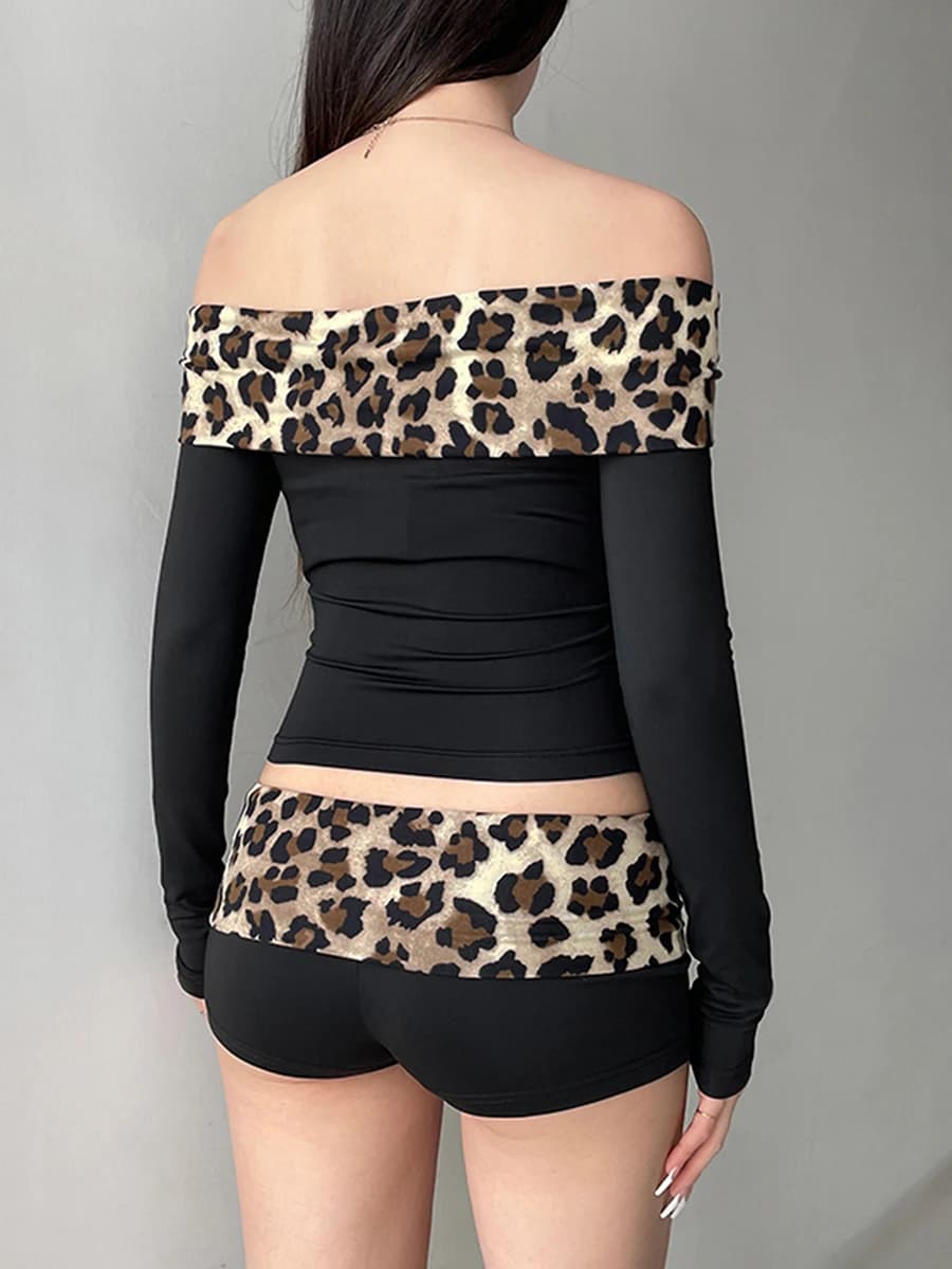Completi Casual da 2 pezzi da donna con spalle scoperte e stampa leopardata Crop top Shorts Set Clubwear