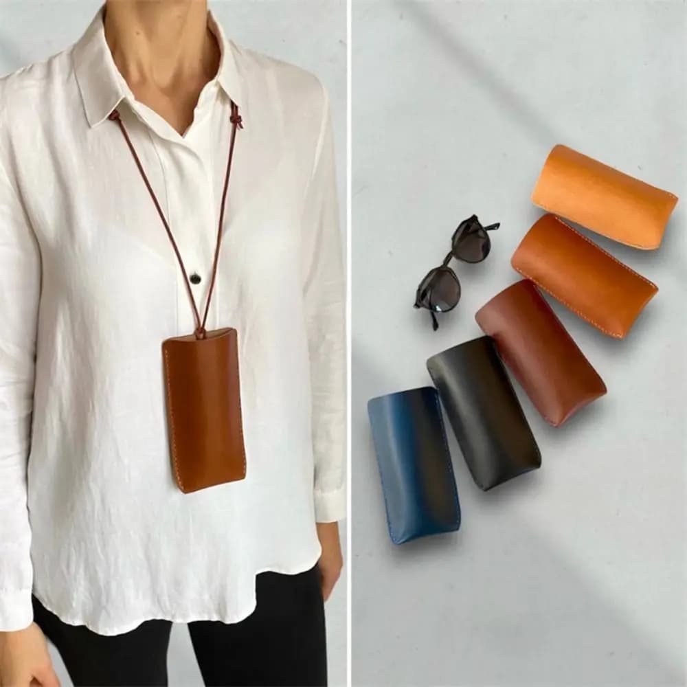Borsa portaoggetti per occhiali da sole in pelle PU con cordino Custodia multifunzionale per occhiali da sole con catena in corda regolabile