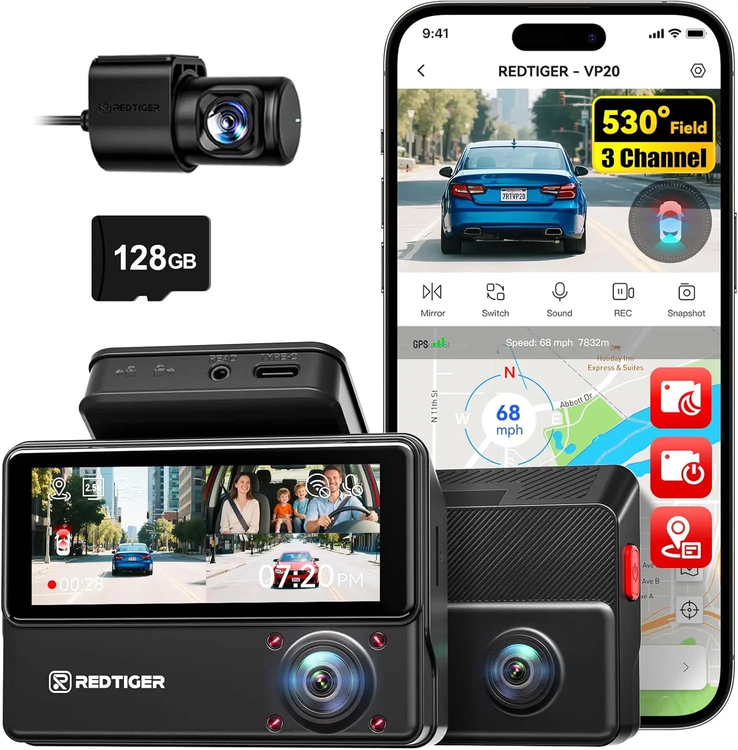 530 ° Dash Cam to 3 Channels, Triple Camera for Auto 2.5K+2.5K+1080P with 128GB Card, IR Night Vision, Touch Screen, Dashcam for Front