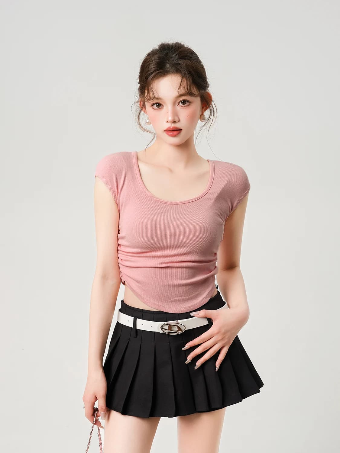 EUSKY IIWAN Pink Sweet And Spicy Style Women's Slim Fit U-Neck T-Shirt Summer New Arrival Base Layer Pure Desire Top