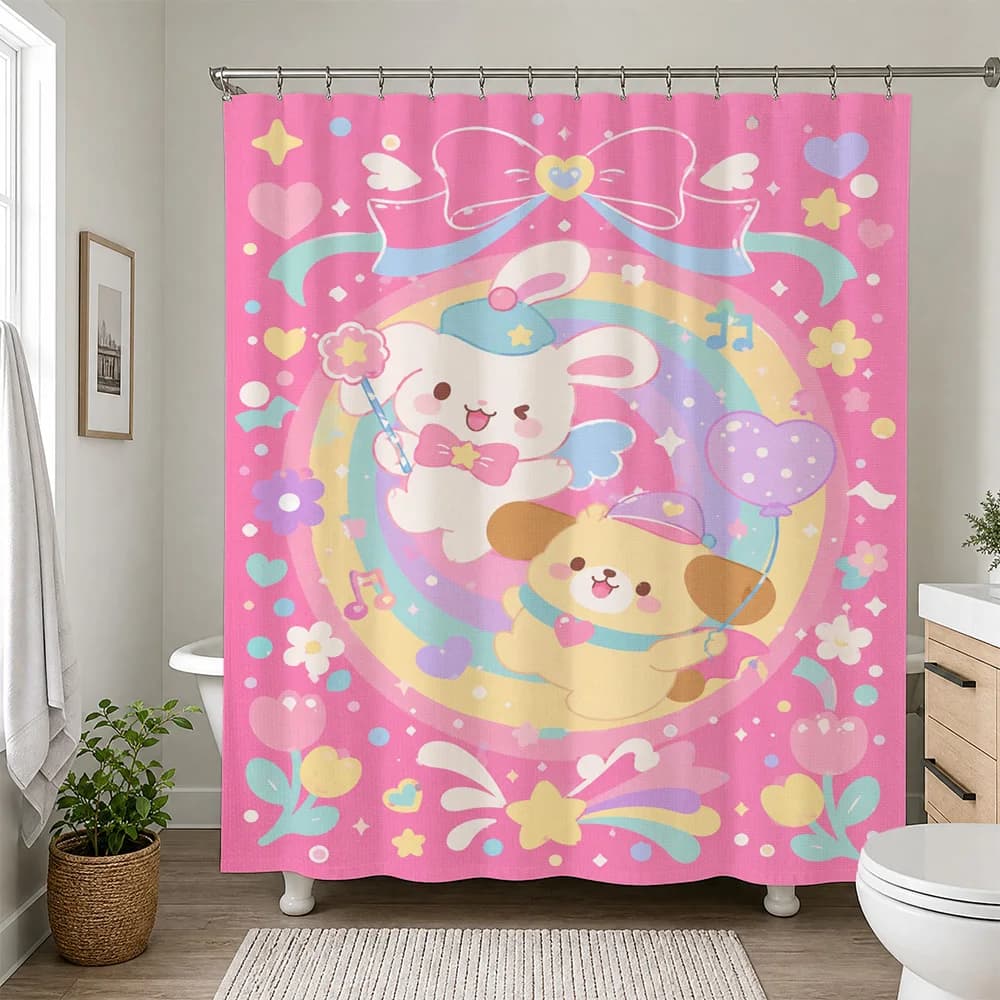 Cute Cartoon Character Shower Curtain Pink Bathroom Decor Fun Kawaii Shower Curtain for Kids Bathrooms