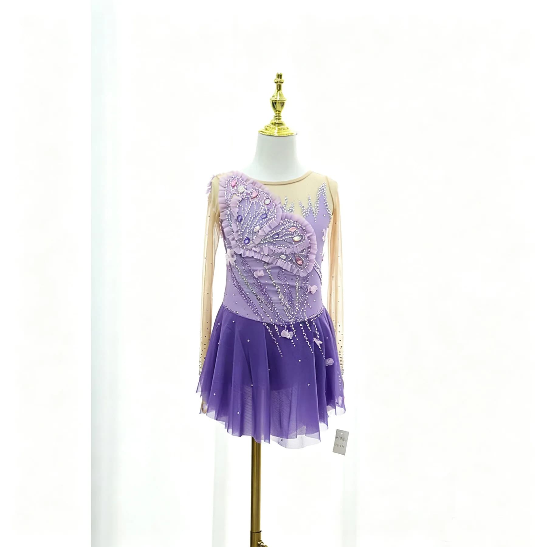Purple Butterfly Rhinestone Figure Skating Dress, Nude Mesh Long Sleeve Floral Tulle Ice Skating Performance Costume for Adult