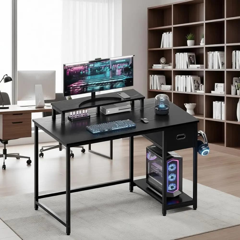 Black Computer Desk 39 with Monitor Support, Storage Box, Home Office Adaptor or Bedroom