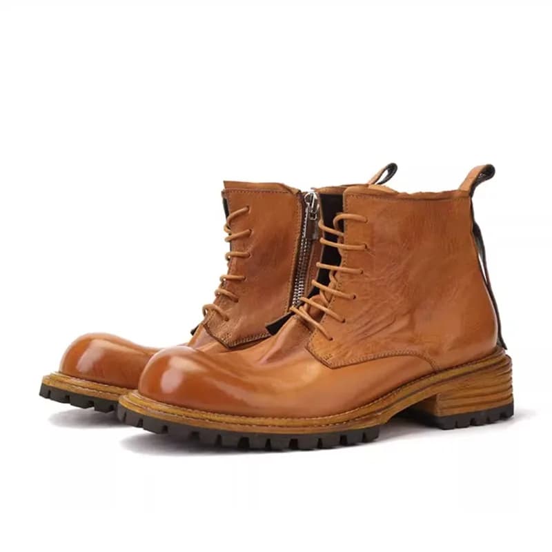 Scarpe antinfortunistiche da uomo Stivali da lavoro vintage in pelle bovina con punta tonda e suola spessa in pelle Stivali da moto da passeggio all'aperto Caviglia fatta a mano